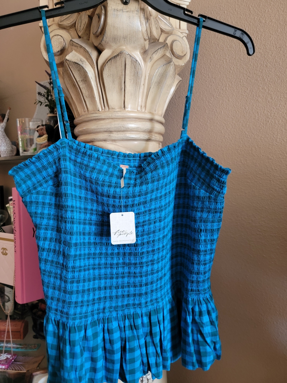 Free People Cerrulean Blue Smocked Spaghetti Strap Top with Ruffled Hem